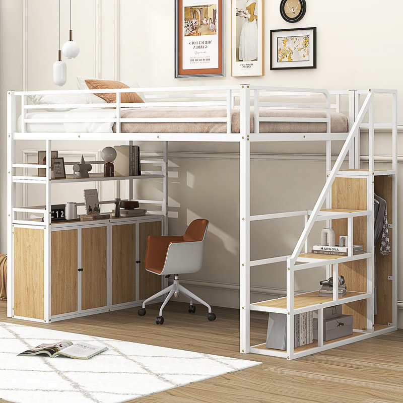 Lit mezzanine double en métal avec escalier de rangement et garde-robe, tablettes et casiers, Blanc/naturel