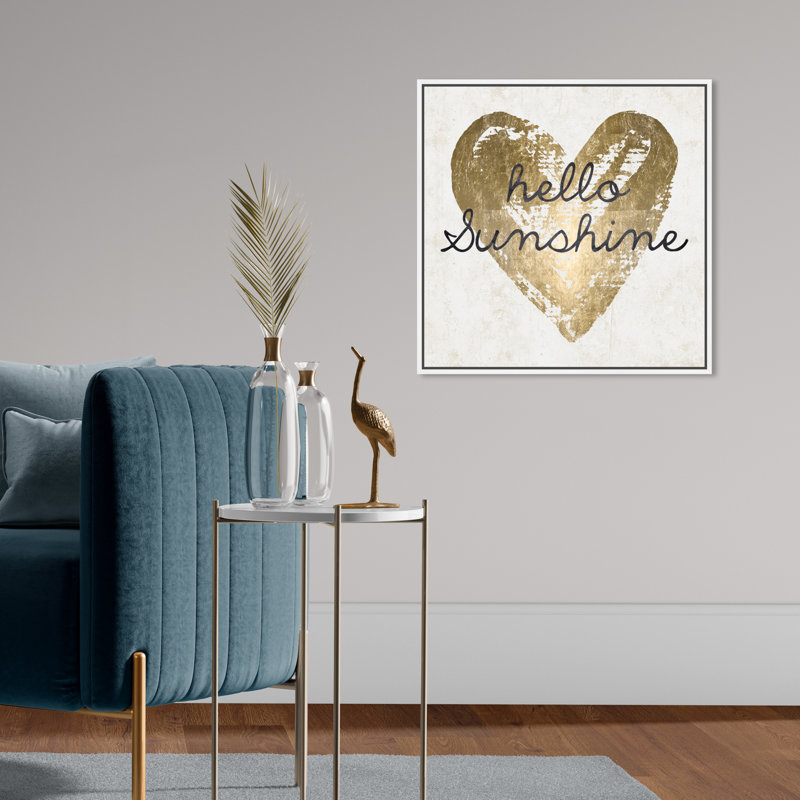 Hello Sunshine, Golden Sunshine Heart Modern Gold - impression, Toile avec cadre blanc, H 20 po x l 20 po
