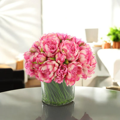 Peony Arrangement in Glass Vase with Grass