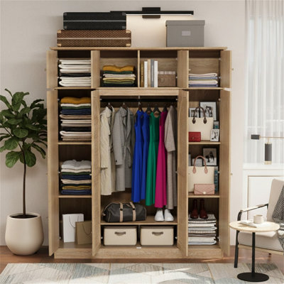 Armoire-penderie à grande capacité de 70,87 po à 8 portes avec tringle à penderie, tablettes réglables et portes décoratives en rotin, armoire de rangement pour vêtements pour chambre à coucher, penderie, salon