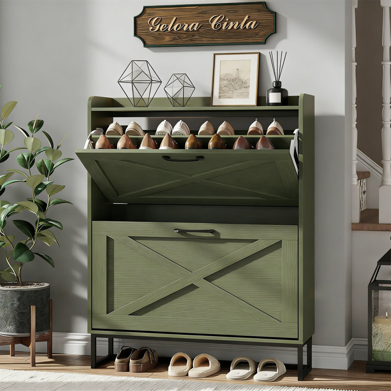 Shoe Storage Cabinet With 2 Flip Drawers, Freestanding Narrow Shoe Organizer With Metal Legs For Entryway, Green, Green