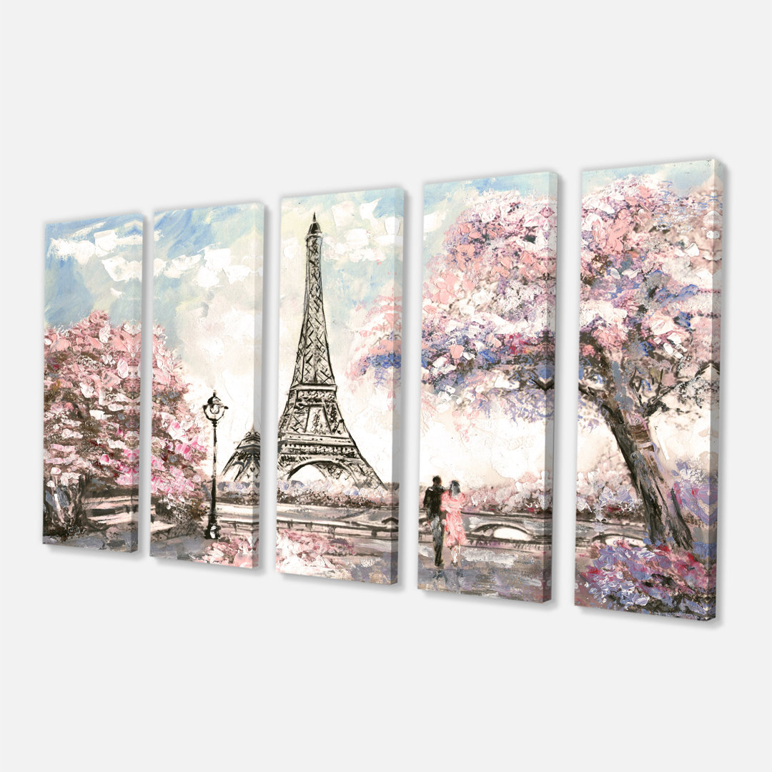 " Eiffel With Pink Flowers " 5 - Pieces Design Art