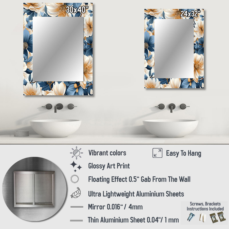 Analise Blue Retro Finesse Floral Pattern - Floral Large Wall Mirror, Cottage Decorative Mirror, Printed Metal Art, 32" x 24"