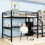 Lit mezzanine double en métal avec bureau intégré, escalier et lumière DEL