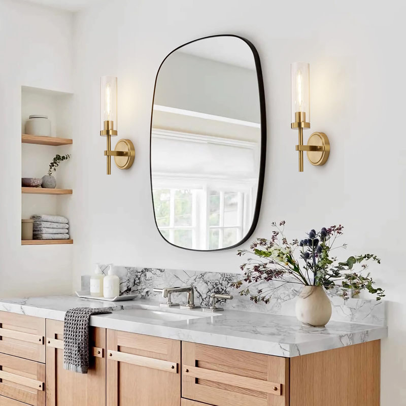 Hardwired Gold Wall Sconces Set of 2, Modern Bathroom Sconces Wall Lighting Vanity Light Fixtures with Clear Glass, Brushed Brass Wall Decor Lights for Mirror Living Room Bedroom Hallway Stairwell