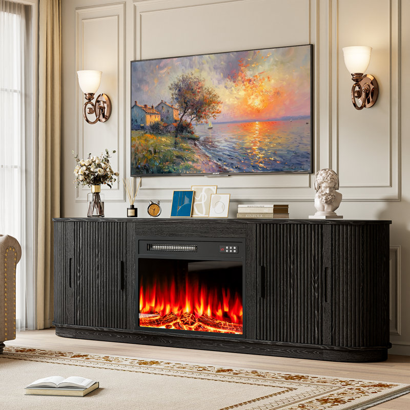 Meuble télé courbé avec foyer électrique, 23.3”H x 60”L x 15.7”W, Noir