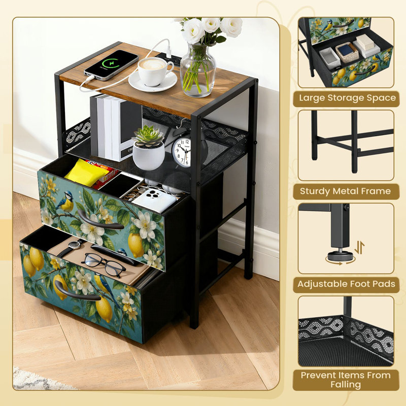 Table de chevet 2 tiroirs en tissu avec station de charge et table de chevet avec des ports USB et des prises USB