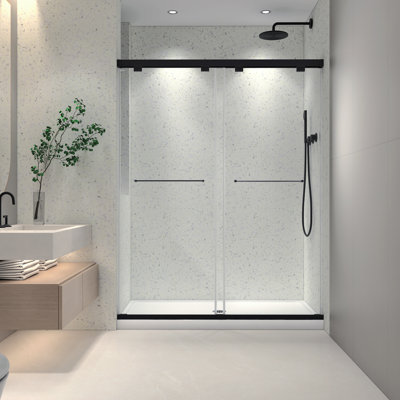 6076 Inch North American Frameless Double Sliding Matte Black Shower Door With Adjustable Soft Closing Function 8Mm Tempered Glass With Nano Easy Cleaning And Stick Explosion-Proof Menbrance