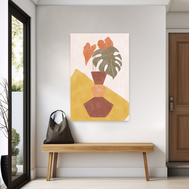 Art contemporain, paysage abstrait géométrique coloré, plante, H 60 po x l 40 po