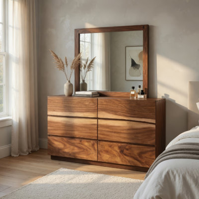 Commode large Zeko avec miroir, 6 tiroirs, bois brun noyer fumé