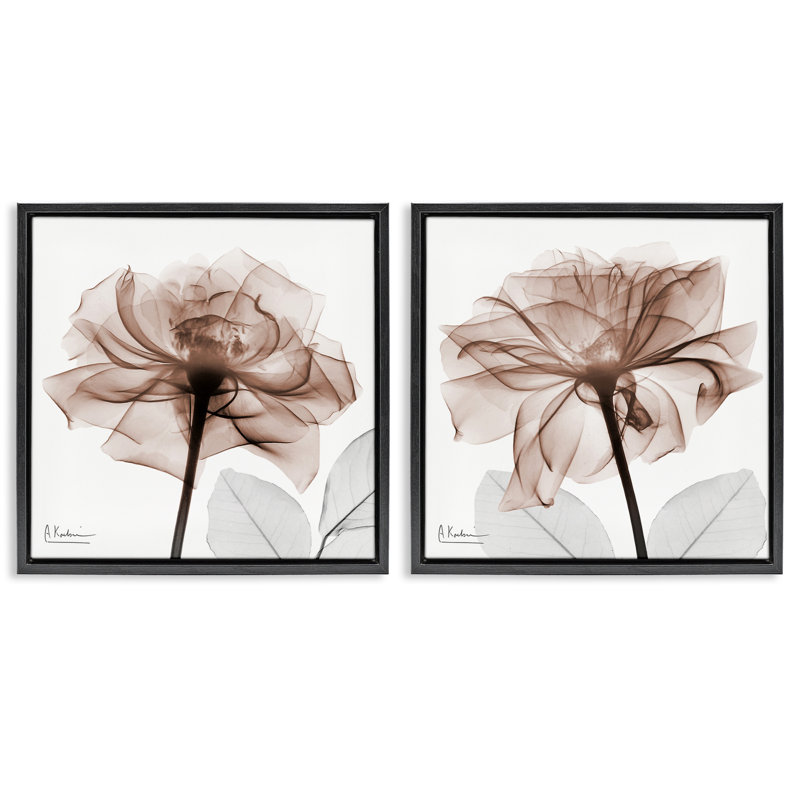 Ensemble de 2 toiles flottantes grises translucides avec fleurs roses, design par Albert Koetsier, H 18 po x l 18 po