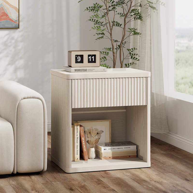 Modern Fluted Nightstand Set Of 2 – Mid-Century Bedside Tables With Drawer & Open Storage – Large Wide End Table For Bedroom & Living Room