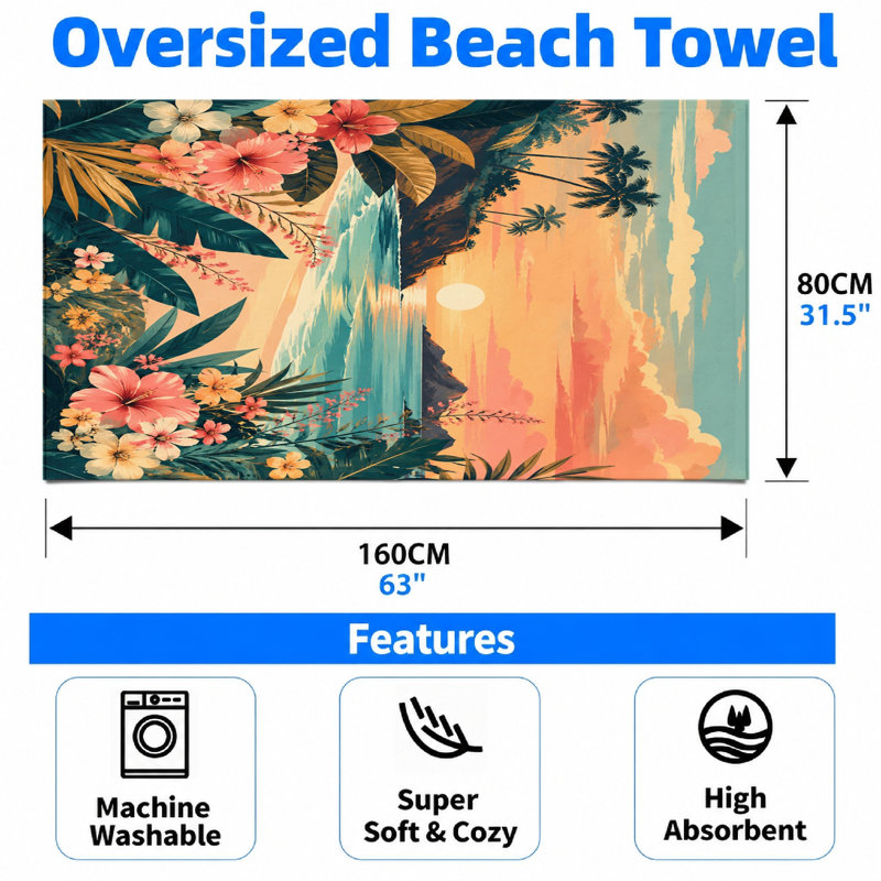 Serviette florale 1pc, plage tropicale, paysage hawaïen vibrant, idéale pour la piscine, les voyages, le camping, la douche