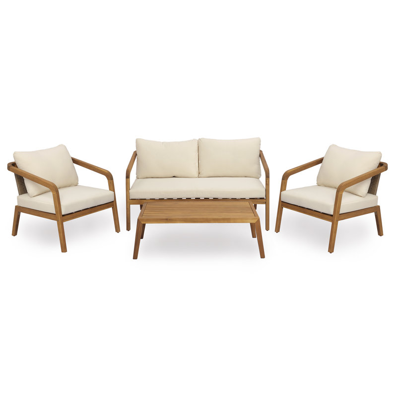 4-Piece Outdoor Patio Furniture Set Acacia Wood Conversation Set With PE Wicker Backrest & Comfort Cushions