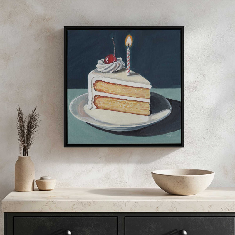 «Birthday Slice With Cherry» par Kate Jarvik Birch, reproduction d'art, 31.5" H x 31.5" W, Black, Framed Canvas