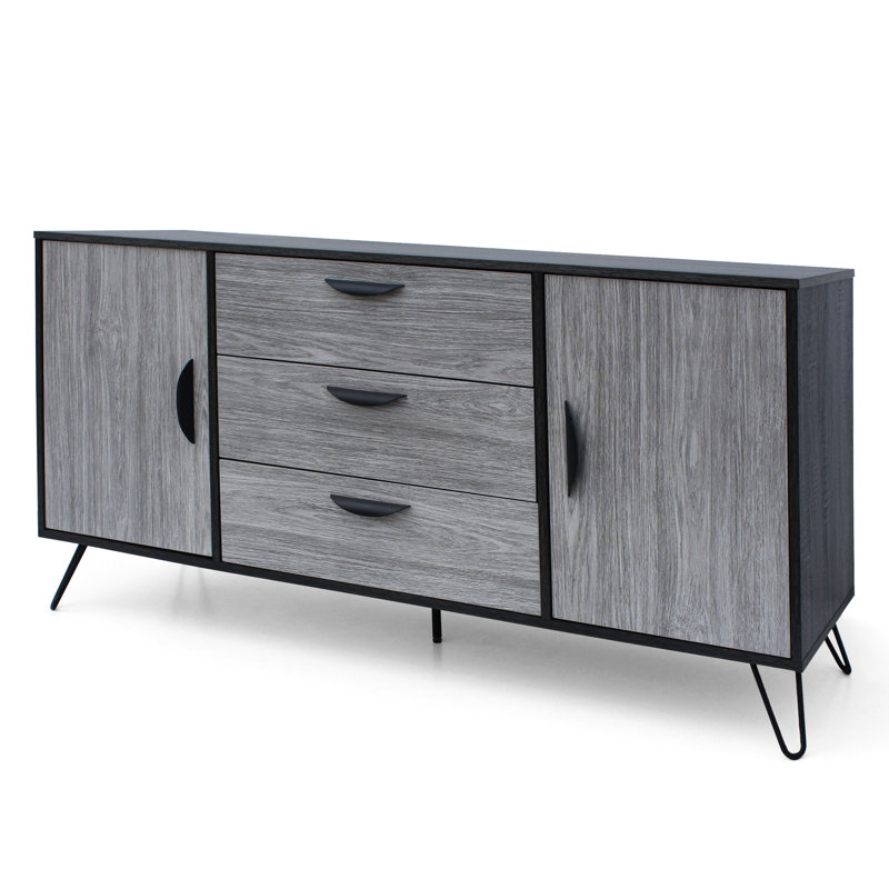 Multi Function Storage Cabinet In Grey - Two Cabinets And Three Drawers Oak With Hairpin Legs 15.91"d X 29.39"h 60.5"w