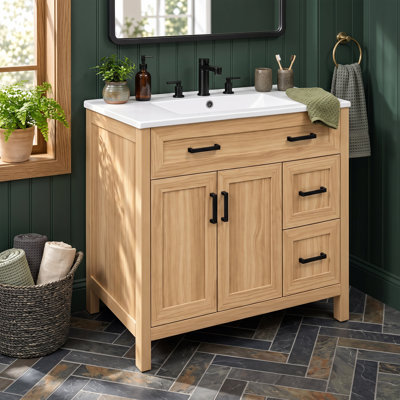 Meuble-lavabo autoportant en bois 36 po avec lavabo 36 po, 2 portes, 3 tiroirs avec pieds réglables, bois