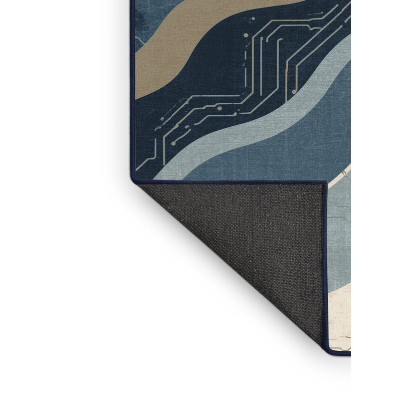 Soft Plush Eldert Cloud Gaming Hub Modern & Contemporary Abstract Area Rug in Blue – Navy Binding, 8x10