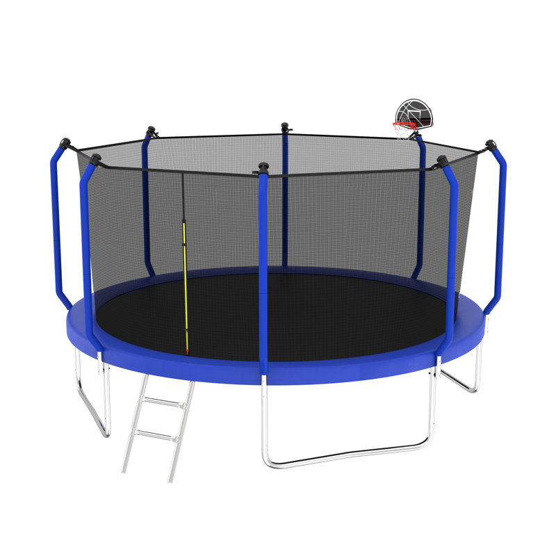 Trampoline rond 12 pi avec panier de basketball et enceinte de sécurité - bleu