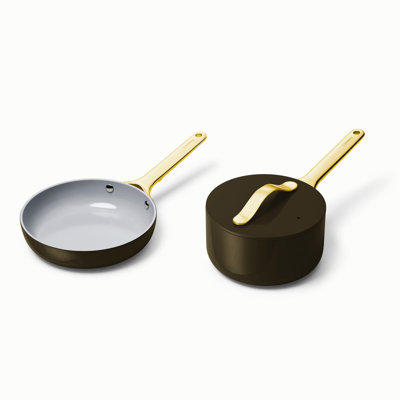 Caraway Nonstick Ceramic Minis Duo Cookware Set - Fry Pan & Saucepan, Black/Gold