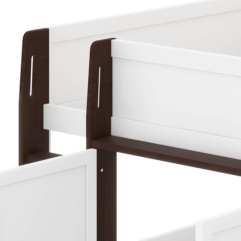 Lit mezzanine double avec rangement, porte et fenêtre, structure de lit en bois avec rangement, Blanc / Espresso