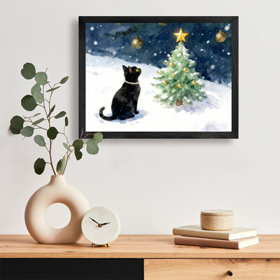 Black Framed Vintage Christmas Guardian, Christmas Cat Wall Art Retro Style Framed Prints