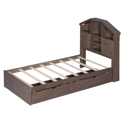 Twin Size Wood Platform Bed With House-Shaped Storage Headboard And 2 Drawers -  Harper Orchard, AC7F9A4AEF7F4AD19823750B692422F9