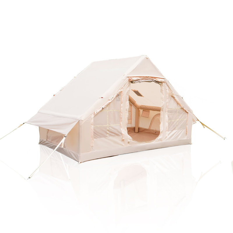 Tentes de camping gonflables avec pompe à main, tentes de glamping à l'air, tente de soufflage imperméable et coupe-vent facile à installer, tente de chalet 4 saisons Oxford avec fenêtre en filet et cheminée.