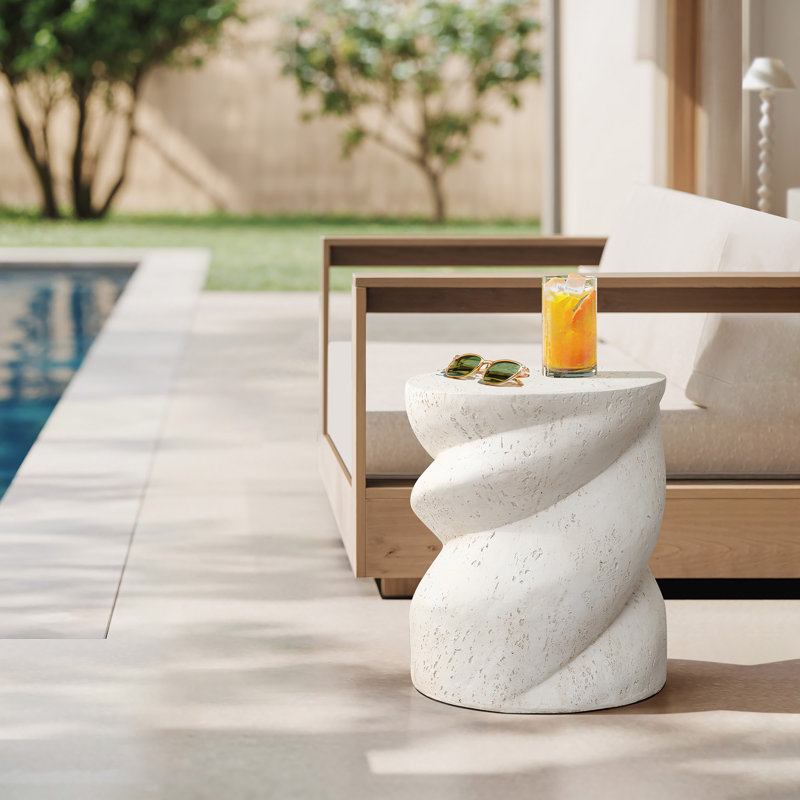 19.3'' H White Outdoor Side Table, Faux Travertine Side Table