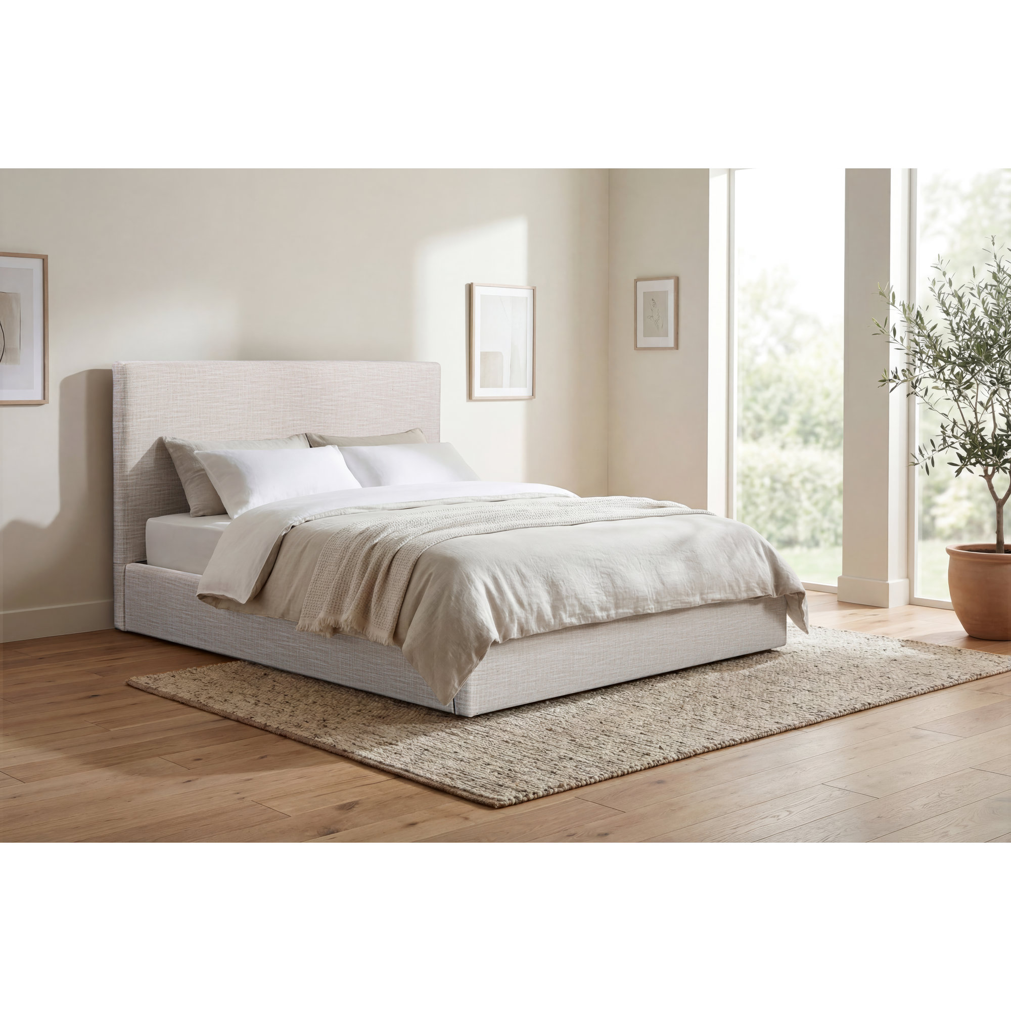Nordic Upholstered Bed, King, White Linen