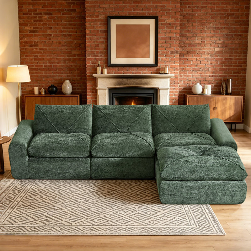 Balendin Feather Down Boneless L-Shaped Sectional Sofa, Apartment Couch with Ottoman,Modular, Green Linen