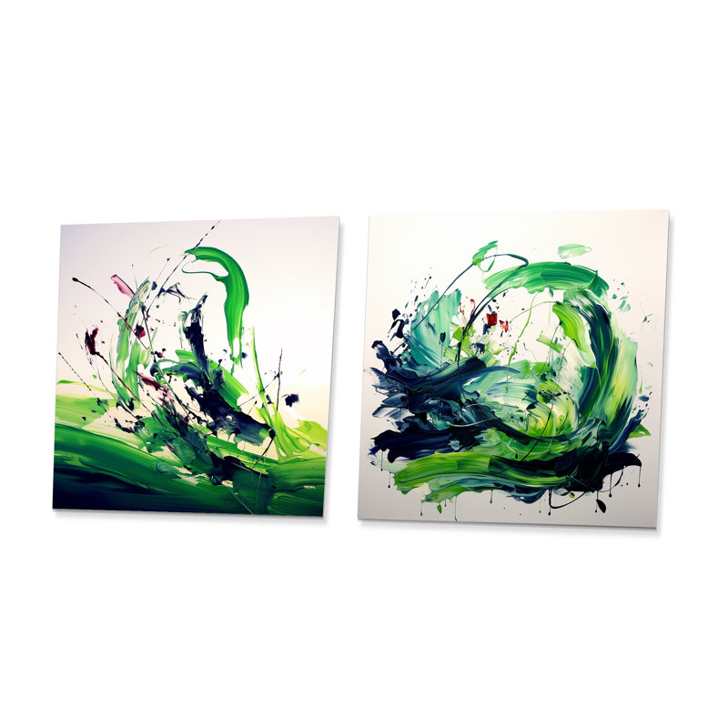 Encre abstraite verte et blanche Expression IV - Peinture abstraite murale en métal, ensemble carré de 2, H 16 po x l 32 po