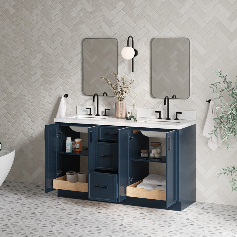 Meuble-lavabo double rectangulaire 60 po avec comptoir en quartz de Carrare Ariel Kelly, Bleu minuit