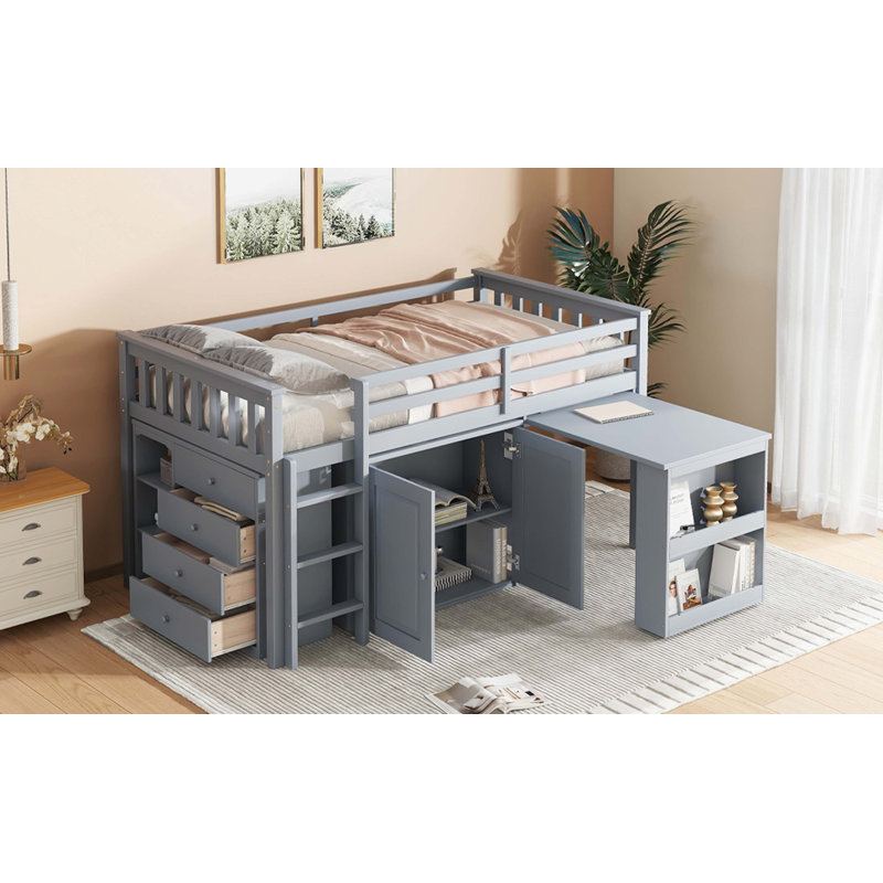 Grey Rubber Wood Watsons Loft Bed Equipped With Storage Cabinet, Drawers, Shelves, Pull-Out Desk, Safety Guardrail, And Ladder