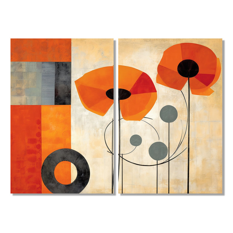 «Bold Orange Cubic Flowers», art mural moderne corail, 36" H x 48" W, Framed Wrapped Canvas, Does Not Apply