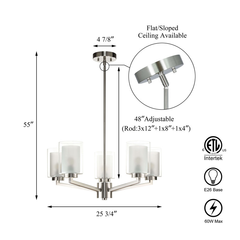 5 - Light Iron Dimmable Chandelier, Brushed Nickel