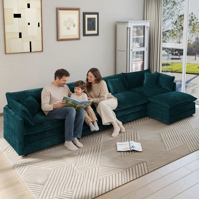Clitheroe 5-Seaters 146.6" Modular L-Shaped Chenille Upholstered Sectional Sofa, with Movable Ottoman, Blue Chenille