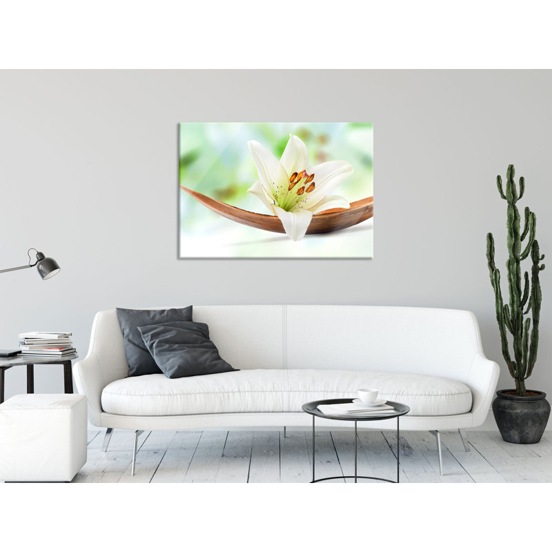 Lily Flower On Banana Leaf - No Frame Print on Glass, 70cm H x 100cm W x 0.4cm D