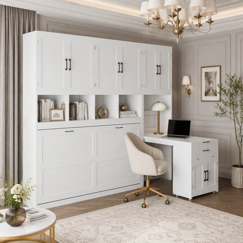 Lit escamotable double avec garde-robe, tiroirs et bureau, Gris