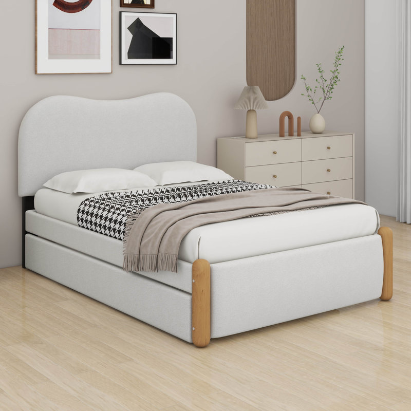 Upholstered Bed With Trundle Platform Bed Frame With Wood Supporting Feet, Twin