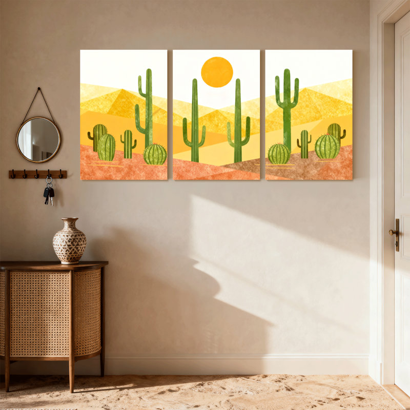 Cactus, paysage désertique avec cactus et soleil, ensemble de 3 impressions sur toile, H 18 po x l 36 po