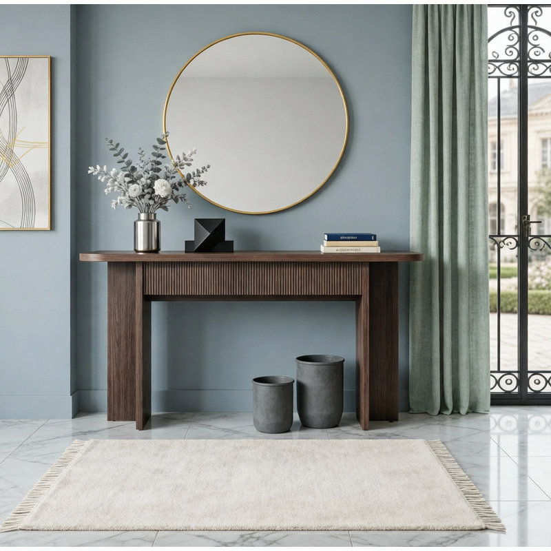 Console Mid-Century moderne de 63 pouces avec 2 tiroirs pour le hall d'entrée et le rangement du salon, Brun, Brun, Brun