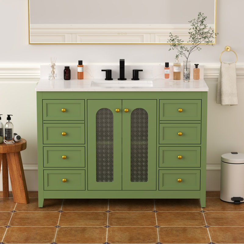 Meuble-lavabo moderne de 48 po avec comptoir en pierre de quartz, lavabo en céramique, dosseret inclus
