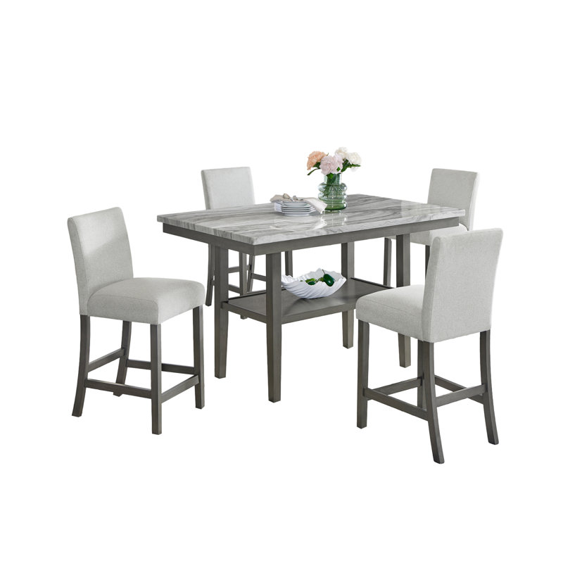 Selena 5-Piece 60" Rectangular Gray Faux Marble Counter Height Dining Set With Storage Shelf & Light Gray Upholstered Chairs