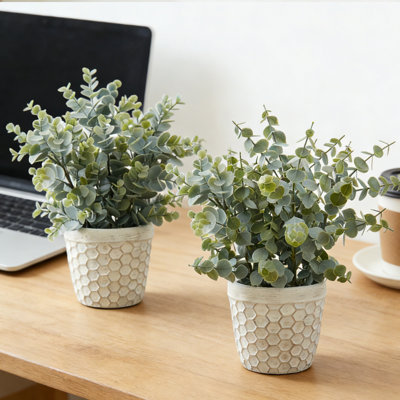 2 petites plantes artificielles en pot, plante eucalyptus simulée de 13 pouces avec pot de fleurs en plastique blanc pour la maison, bureau, bureau, décoration, verdure