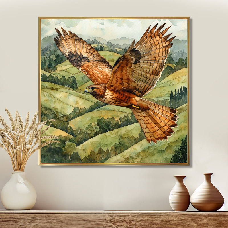 Glaspy Eage Hawk Over The Pasture - oiseau, art mural, Impression encadrée flottante, H 36 po x l 36 po, Doré