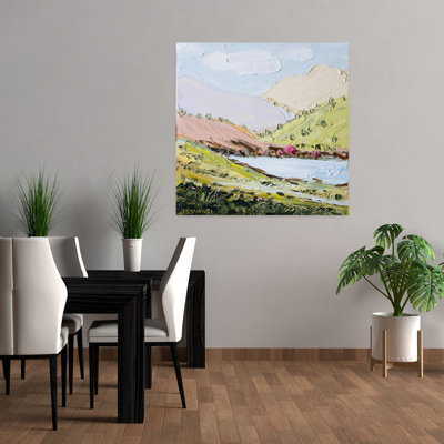 Art contemporain coloré, paysage paisible abstrait montagne