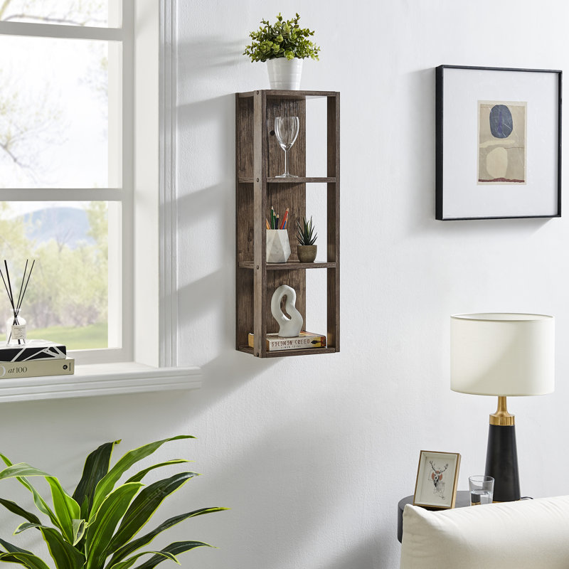 Recife Vertical Three-Tier Modern Shadow Box Cube Display Wall Shelf - White/Black, Hickory