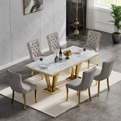 Rectangle Dining Table Set, Faux Marble Dining Table & Velvet Chairs with Stainless Steel Pedestal, 68" Dining Room Table and Chairs Set, Luxury Dining Table Set