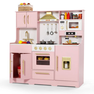 Wooden Kids Play Kitchen, Toy Kitchen Playset for Toddler, Realistic Kitchen Sets w/Lights & Sounds, Gift Age 3+